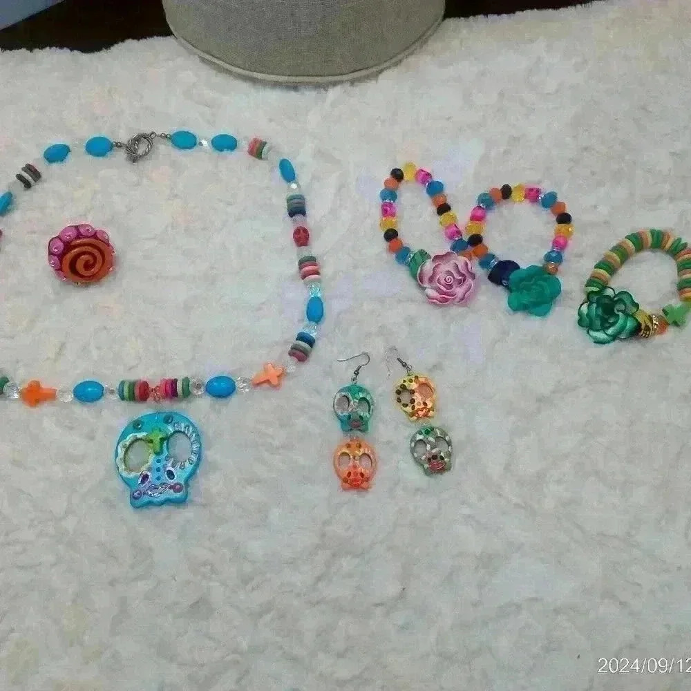 Rainbow Sugar Skull Necklace Flower Day Of The Dead Necklace, Earring & Bracelet